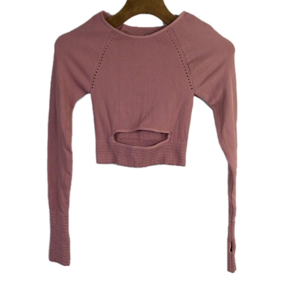 FP Movement Shirt Womens XS/S Pink Cropped Long Sleeve Cutout Thumbhole Yoga